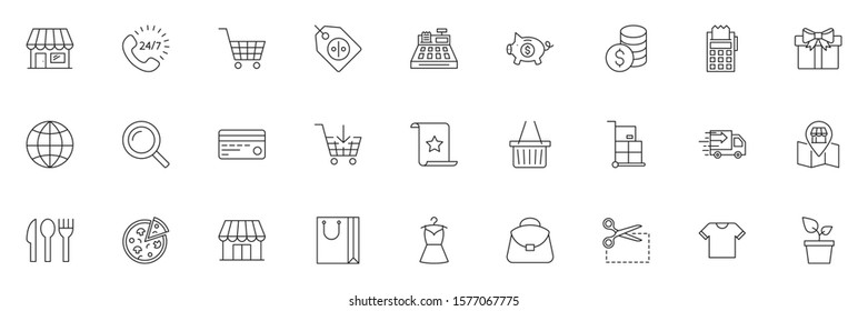 SHOPPING vs E-COMMERCE line thin icons set. Vector illustrations collection EPS10.