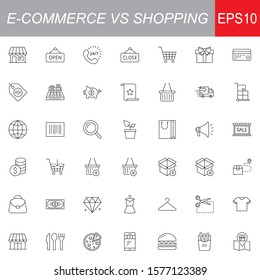SHOPPING vs E-COMMERCE line thin icons set. Vector illustrations collection EPS10.