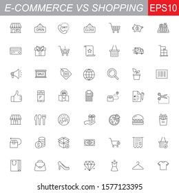 SHOPPING vs E-COMMERCE line thin icons set. Vector illustrations collection EPS10.