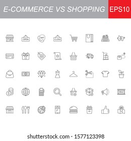 SHOPPING vs E-COMMERCE line thin icons set. Vector illustrations collection EPS10.
