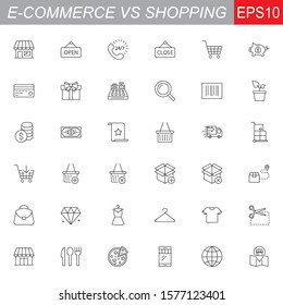 SHOPPING vs E-COMMERCE line thin icons set. Vector illustrations collection EPS10.