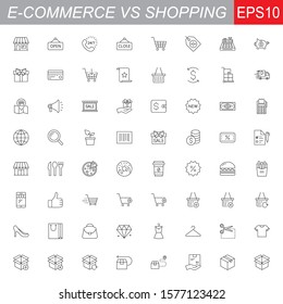 SHOPPING vs E-COMMERCE line thin icons set. Vector illustrations collection EPS10.