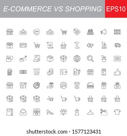 SHOPPING vs E-COMMERCE line thin icons set. Vector illustrations collection EPS10.