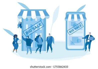 Shopping VS mobile shopping. Big queue Outside a Mall Having a Sale, Hot Summer Big Sale. vector illustration for web, print, social media, presentation. e-commerce, marketing. online offline store.