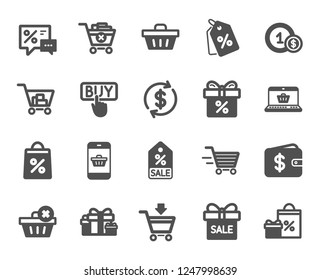 Shopping wallet icons. Gift, Present and Sale offer signs. Shopping cart, Delivery gift and Tags symbols. Speech bubble, Discount, sale and wallet. Online buying. Surprise present. Vector