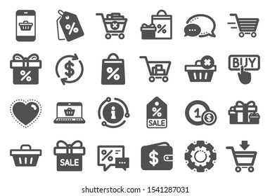 Shopping wallet icons. Gift, Present and Sale offer signs. Shopping cart, Delivery gift and Tags symbols. Speech bubble, Discount, sale and wallet. Online buying. Surprise present. Quality set. Vector