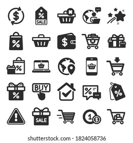 Shopping wallet icons. Gift, Present and Sale offer signs. Shopping cart, Delivery gift and Tags symbols. Speech bubble, Discount, sale and wallet. Online buying. Surprise present. Vector