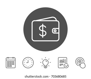 Shopping Wallet line icon. Dollar sign. USD Money pocket symbol. Report, Clock and Calendar line signs. Light bulb and Click icons. Editable stroke. Vector