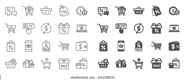 Shopping wallet line icons. Gift, Present and Sale offer signs. Shopping cart, Delivery gift and Tags symbols. Speech bubble, Discount, sale and wallet. Online buying. Surprise present. Vector