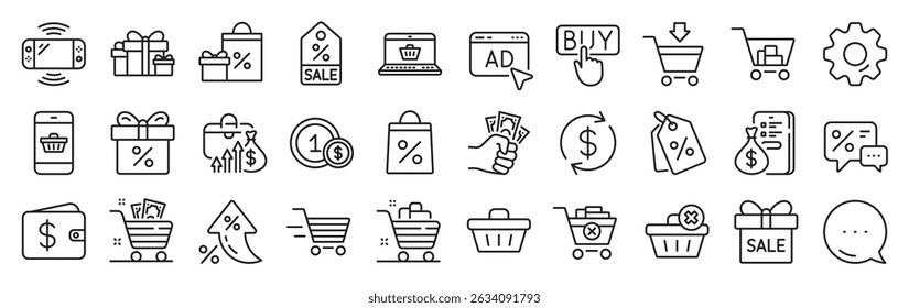Shopping wallet line icons. Settings gear, Message, Inflation icons. Gift, Present and Sale offer signs. Shopping cart, Delivery gift and Tags symbols. Speech bubble, Discount, sale and wallet. Vector