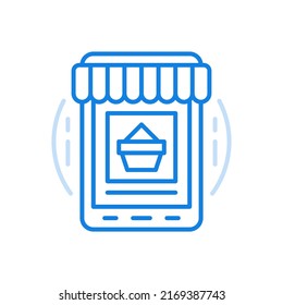 Comprar en el icono de línea vectorial de aplicación web. Smartphone con dosel y pantalla central de embalaje. Modernos servicios de comercio minorista de la web de compras electrónicas para la compra y entrega rápida de productos.