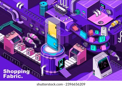 Shopping web concept in 3d isometric design. E-commerce and retail purchases, sales and discount prices. Abstract fabric production line in isometry graphic for corporate poster. Vector illustration.