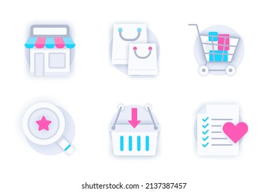Shopping web concept of 3d paper icons set. Pack flat pictograms of purchases, shop bags, store, supermarket trolley, searching goods, basket and wish list. Vector elements for mobile app and website