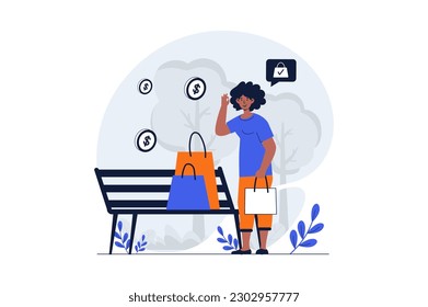 Shopping web concept with character scene. Woman holding bags and making bargain purchases on seasonal sale. People situation in flat design. Vector illustration for social media marketing material.