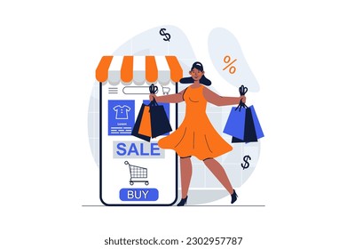 Shopping Web Konzept mit Charakter Szene. Frauen kaufen und bestellen online in mobilen Anwendungen. Menschen Situation in flachem Design. Vektorgrafik für Social Media Marketing Material.
