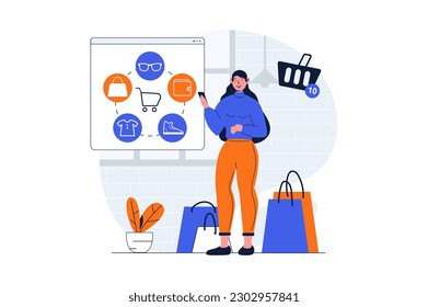 Shopping web concept with character scene. Woman ordering goods at store webpage and making bargain purchases. People situation in flat design. Vector illustration for social media marketing material.