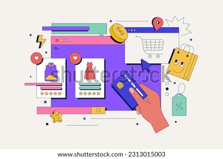 Shopping web concept with character scene. Purchases and ordering goods, making online payment in credit card.  Vector illustration for marketing material.