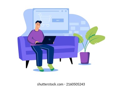 Shopping web concept in flat design. Happy man is sitting on sofa and buying goods at website store using laptop. Customer making purchases, ordering products at home and paying. Vector illustration