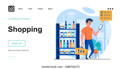 Concepto web de compras. El hombre compra cosméticos en la tienda. El comprador realiza compras en la lista de smartphones. Plantilla de escena de personas. Ilustración vectorial con actividades de carácter en diseño plano para sitio web