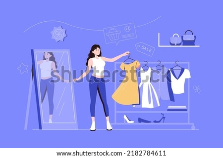 Shopping web concept with people scene in flat blue design. Woman buyer chooses new dress while standing in fitting room. Customer makes purchases in showroom of boutique on sale. Vector illustration