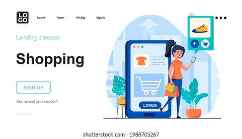 Shopping web concept. Woman makes purchases choosing clothes and shoes in mobile application. Template of people scene. Vector illustration with character activities in flat design for website