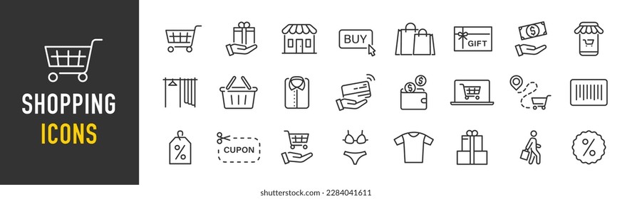 Shopping web icons in line style. Online shop, digital marketing, delivery, coupon, discount, bank card, gift, shop collection. Vector illustration.	