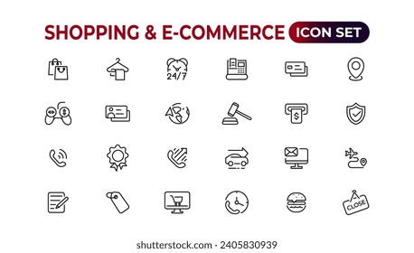 Shopping web icons in line style. Mobile Shop, Digital marketing, Bank Card, Gifts. Vector illustration.
