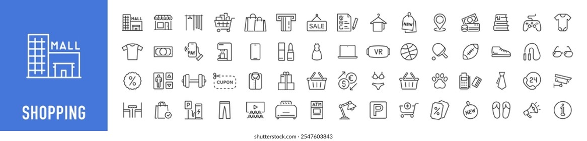 Shopping web icons in line style. Online shop, digital marketing, delivery, coupon, discount, bank card, gift, shop collection. Vector illustration.