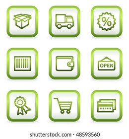 Shopping web icons set 2, square buttons, green contour