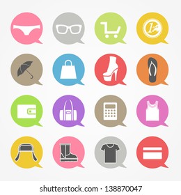 Shopping web icons set in color speech clouds