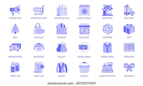 Shopping web icons set in duotone flat design. Pack pictograms with promotion, cart, bag, black friday, delivery, big sale, payment, discount, diamond, gift, money, wallet, price. Vector illustration.