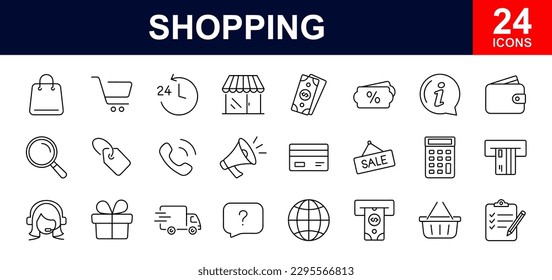 Shopping web icons set. Shopping - simple thin line icons collection. Containing money, list products, bank card, bag, terminal, gifts and more. Simple web icons set