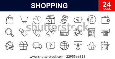 Shopping web icons set. Shopping - simple thin line icons collection. Containing money, list products, bank card, bag, terminal, gifts and more. Simple web icons set