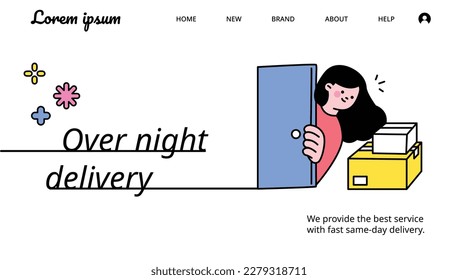 shopping. A webpage template for an overnight courier event. A woman opens the door and sees that a package has arrived.