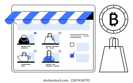 Shopping website interface showcases handbags with a Bitcoin currency option, shopping bag icon, and storefront awning. Ideal for e-commerce, digital transactions, online stores, cryptocurrency