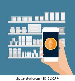 Shopping whith cryptocurrency pay. Cryptocurrency use in future life. Shelves with products, smartphone, bitcoin. Vector illustration.Eps10