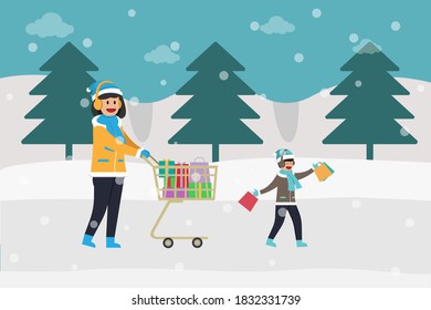 Shopping in winter sale vector concept: Young mother and her son carrying shopping bags on cart in winter season