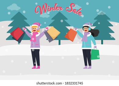 Shopping in winter sale vector concept: Two teenagers carrying shopping bag together with words of winter sale