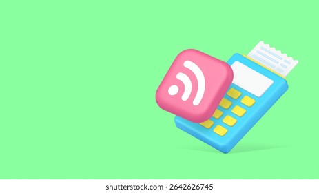 Shopping wireless cashless financial transaction payment bill machine copy space banner. Shop store supermarket finance banking POS terminal device internet e money paying
