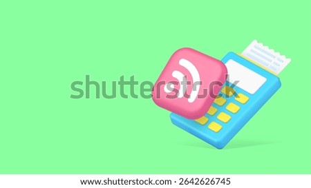 Shopping wireless cashless financial transaction payment bill machine copy space banner. Shop store supermarket finance banking POS terminal device internet e money paying