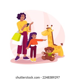 Shopping wish list isolated cartoon vector illustration. Happy child pointing at a toy in a shop window, mom holding a paper with wish list, family shopping time, buying gifts vector cartoon.