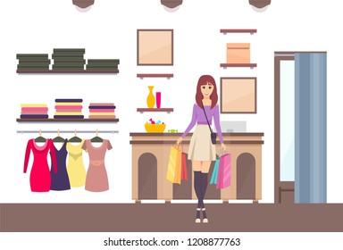 Shopping woman with bags in brand boutique vector. Purchases fashionable clothes, shop interior decor and shelves with luxury products. Changing room