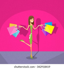 Shopping Woman with Bags Pink Background Flat Vector Illustration - Shutterstock ID 342918419