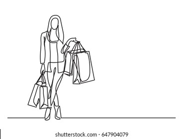 shopping woman with bags  - single line drawing