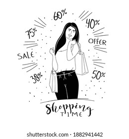 Shopping woman with shopping bags. Shopping time. Vector and illustration. 