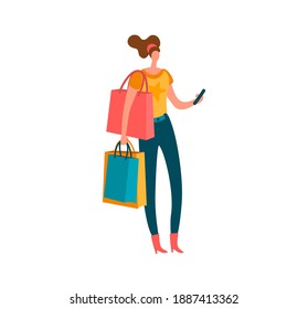 Shopping woman. Beautiful fashion buyer with shopping bags and smartphone, female shopaholic customer buying gifts and presents in mall modern isolated on white illustration. Vector purchase concept