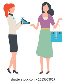 Shopping woman buying shoes in shop vector, isolated female with handbag listening to fashion advisor. Lady wearing uniform showing boots on heels