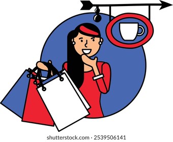 A shopping woman carrying several bags, contemplating the idea of heading to an outdoor cafe for a relaxing break vector cartoon illustration. Idea of enjoying a cup of coffee al fresco