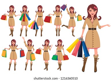 Shopping woman cartoon character set. Girl vector characters holding shopping bags with fashion clothes standing in different posture. Vector illustration.
