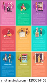 Shopping Woman Changing Room Lady Set Of Posters With Text Sample Vector. Stand With Cosmetics, Food Store And Jewelry Department. Clothes And Shoes